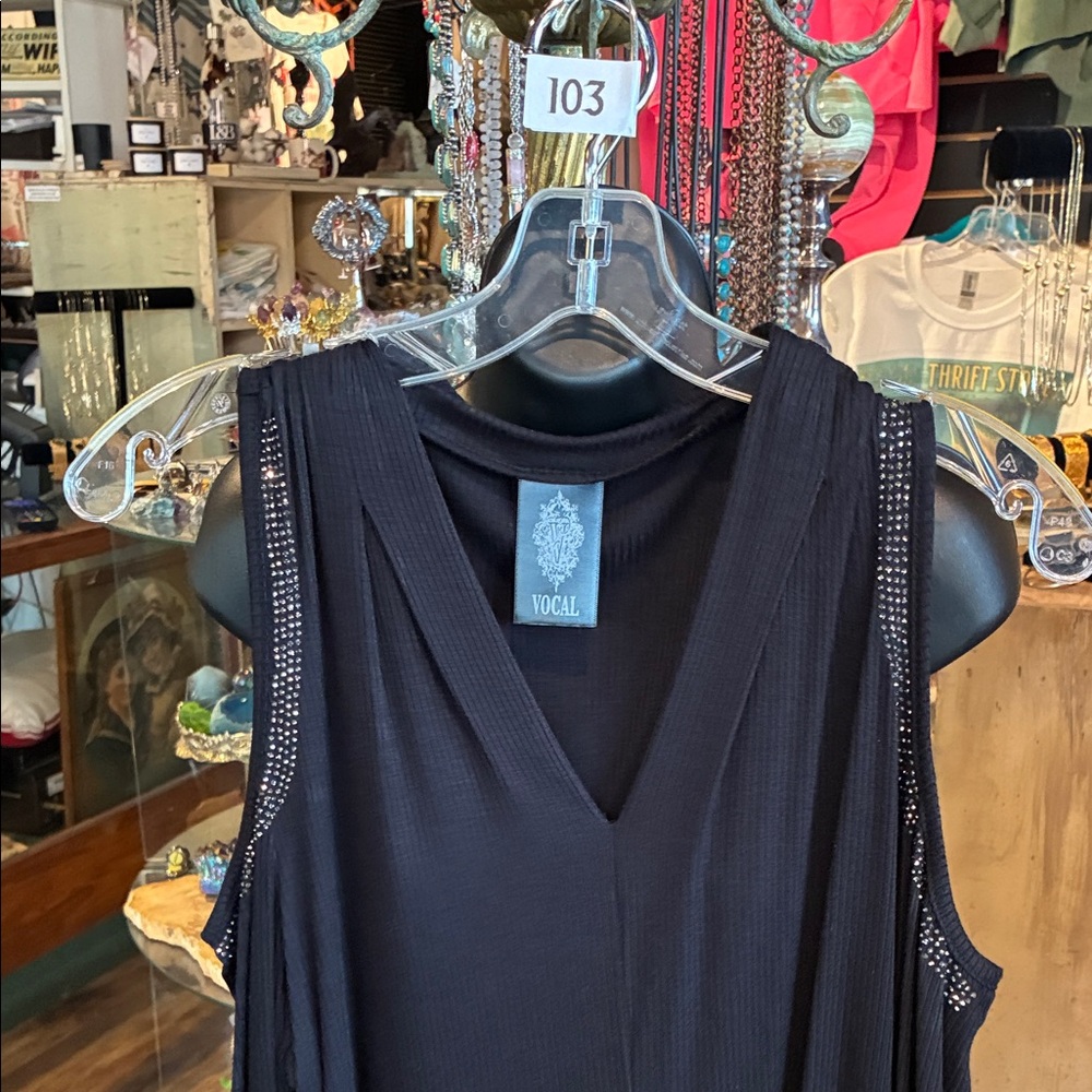 Vocal Black V-Neck Top with Rhinestone Detail - Picture 2 of 4